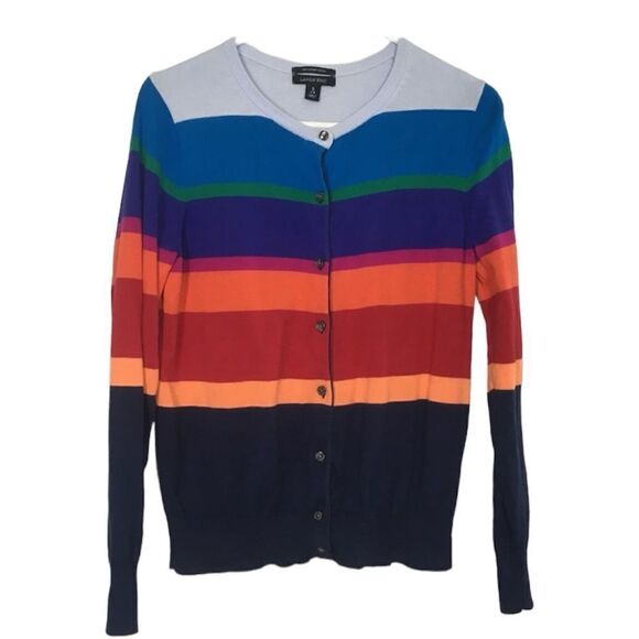 LANDS’ END SUPIMA COTTON MULTICOLOR STRIPE BUTTON FRONT LONG SLEEVE CARDIGAN S - Picture 1 of 8
